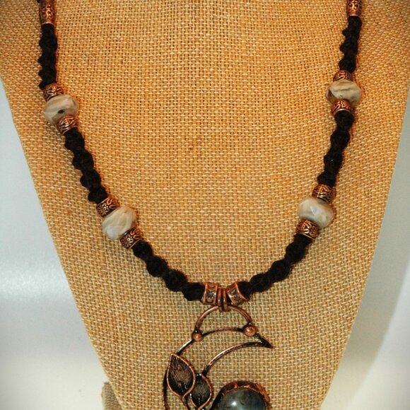 Dynamic Copper-Toned Moonstone & Leafs Crescent Moon on a Handmade Black Chain - Picture 3 of 7
